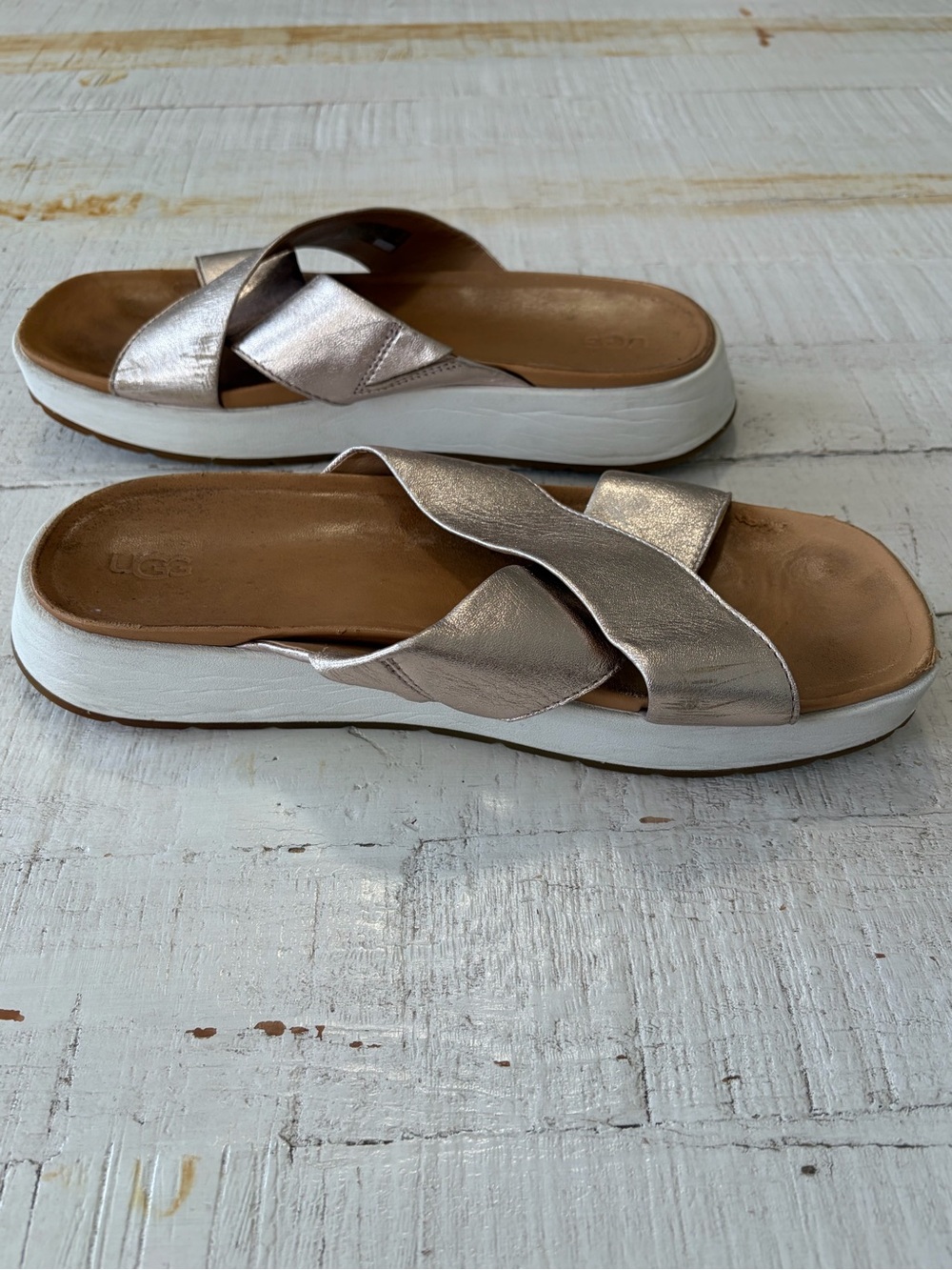 UGG Emily Slides size 10 Metallic Gold‎ Leather Sandals Criss Cross Straps - Picture 12 of 13